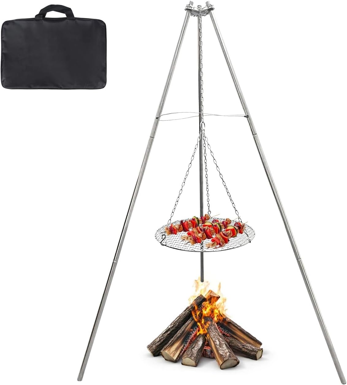 YBTMG Campfire Tripod Cooker, Stainless Steel Fire Pit Tripod Grill with Round Grate and Carrying Bag for Cooking, Camping, BBQ