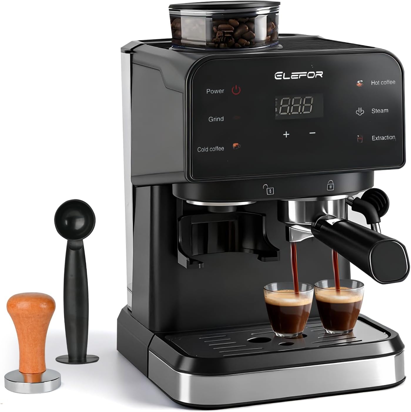 Elefor Espresso Machine 20 Bar, Coffee Maker with grinder Black