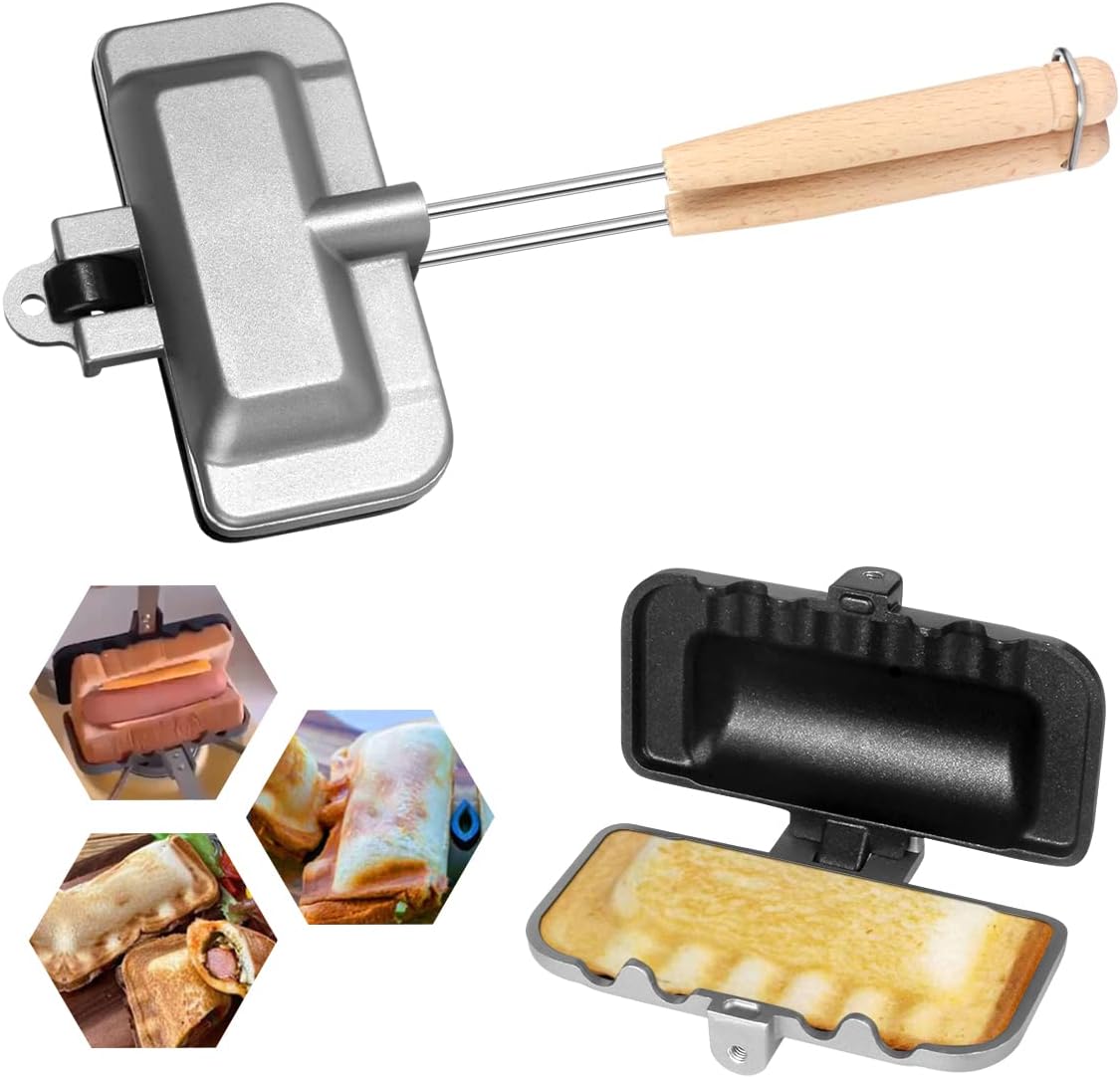 4w1h Sandwich Maker – Stove Top Hot Dog & Panini Press, Double-Sided Non-Stick Flipping Grill, Fits Regular Bread & Hot Dog Buns for Camping, Home Kitchen