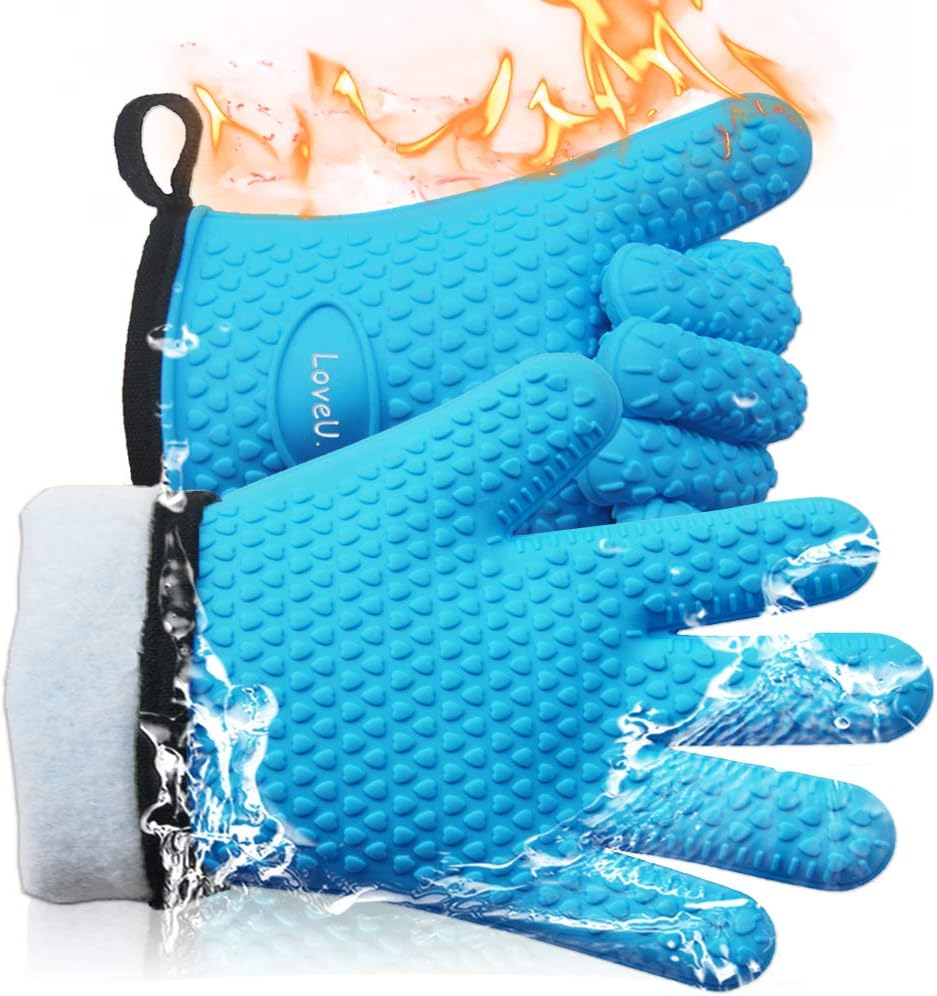 Kitchen Oven Gloves – Dual-Layer Heat Resistant Grilling Gloves, Silicone Oven Mitts with 5 Fingers, Waterproof Non-Slip Pot Holder for Barbecue, Cooking, Baking (Blue)