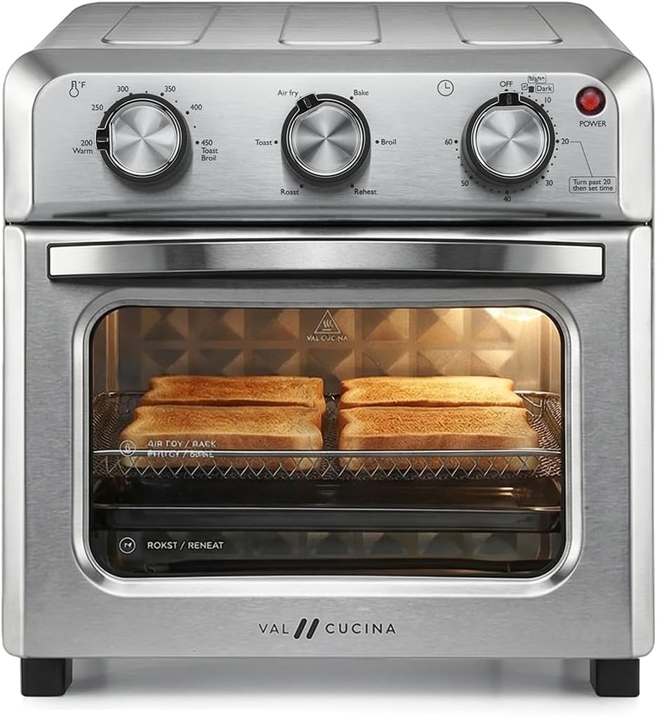 VAL CUCINA 6-in-1 Air Fryer Toaster Oven Combo, Compact 12.7 QT Small Countertop Convection Oven, Fits 9″ Pizza & 4 Toast, Hexagon Hybrid Heating, Enamel Baking Pan Included, Stainless Steel Finish