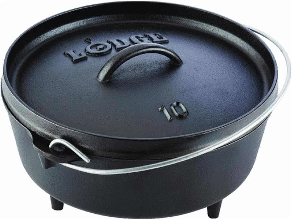 Lodge Seasoned Cast Iron Camp Dutch Oven with Lid – 4 Quart – Dual Handles – Seasoned Cast Iron Cookware with Steel Handle & Strong Lid for Heavy- Duty Camping Cookware | camping-kitchen-equipment
