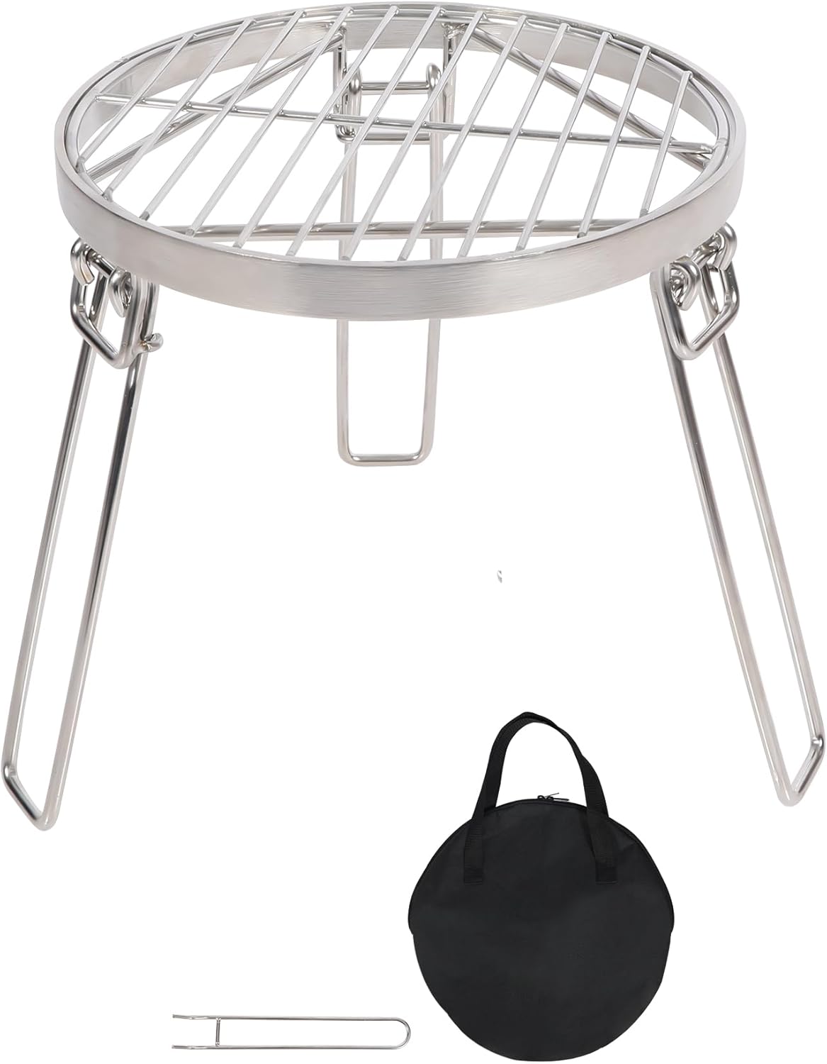 Folding Campfire Tripod for Cooking, Portable Camping Tripod Stand with Grill Grate for Solo Stove Bonfire Fire Pit, Dutch Oven, Open Fire, Stainless Steel