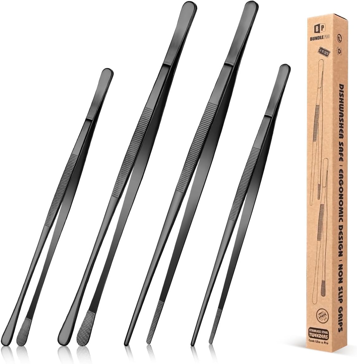 4 Pcs Fine Long Tweezer Tongs Professional Black, 12” and 10” Stainless Steel for Kitchen, Food, Cooking, Repairing, Sea food and BBQ