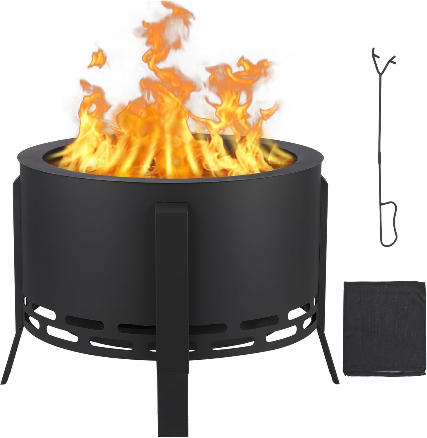 Garvee 26 in Smokeless Fire Pit with Ash Tray Base, Smokeless Outdoor Fire Pits with Adjustable Foot&Fire Poker,Firepit with Dust Bag, Outdoor Firepits for BBQ, Bonfire, Camping
