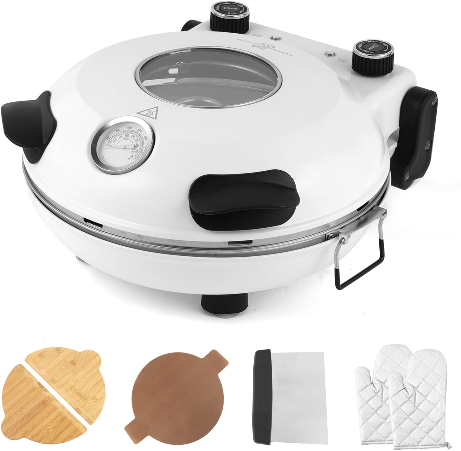 KLAIF 12″ Electric Countertop Pizza Oven Indoor With Ceramic Stone, Dual Adjustable Temperature Controls, Includes 4 Pizza Tools, LMR-White