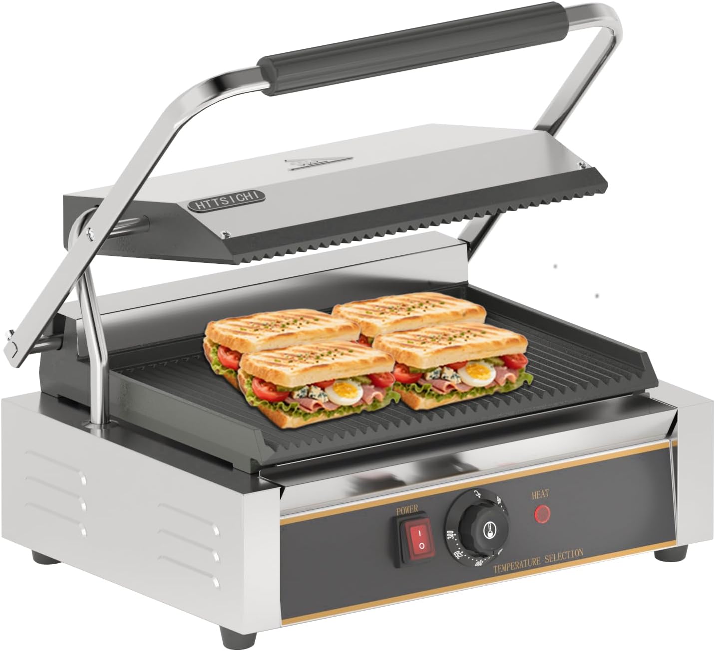 Commercial Panini Press – 1800W Commercial Panini Press Grill w/ 14″x9″ Cooking Pan & Adjustable Temp, Commercial Sandwich Press w/Nonstick Coating, Removable Drip Tray, Double-sided Heating