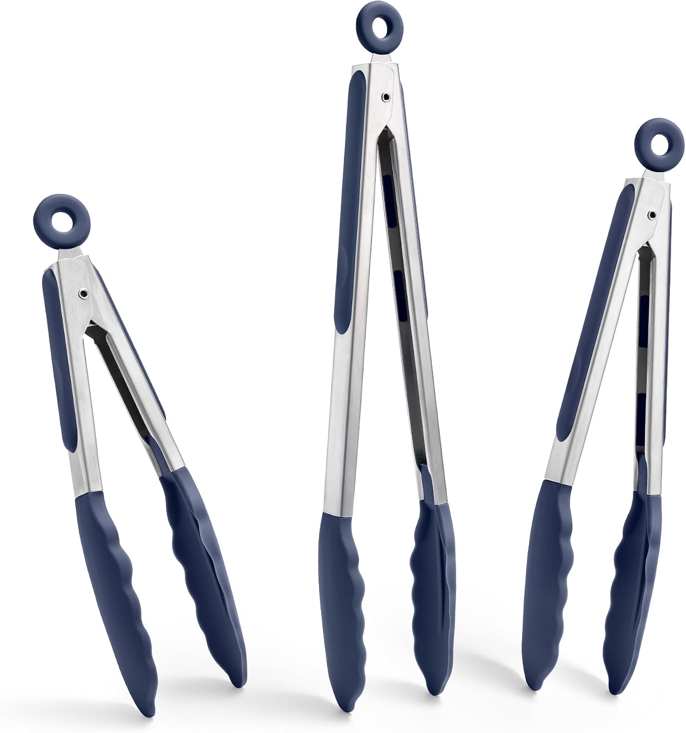 Doosu Kitchen Tongs for Cooking – 600°F Heat Resistant Food Tong Set with Non-Scratch Silicone Tips, Heavy Duty Stainless Steel Locking Tong for BBQ, Grilling Steak, Serving (7+9+12in, Navy Blue)