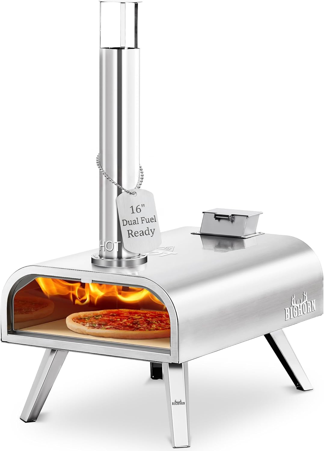 BIG HORN OUTDOORS 16″ Multi-Fuel Outdoor Pizza Oven – 2-in-1 Wood-Fired & Gas Compatible (Burners Sold Separately), 1112°F Outdoor Stainless Pizza Cooker, Portable for Party Usage, Sliver