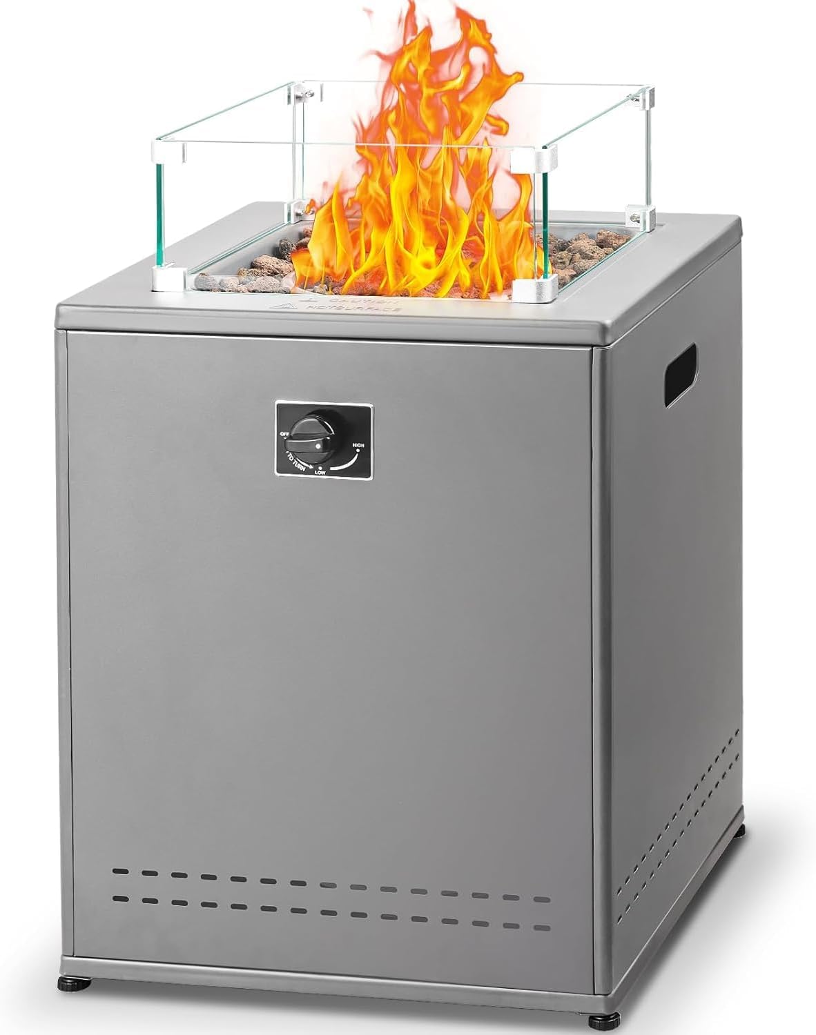 20″ Square Smokeless Propane Fire Pit Table, 50,000 BTU Portable Outdoor Patio Heater with Lava Rocks, Glass Wind Guard & Cover for Deck, Backyard, Garden, Camping (Grey)