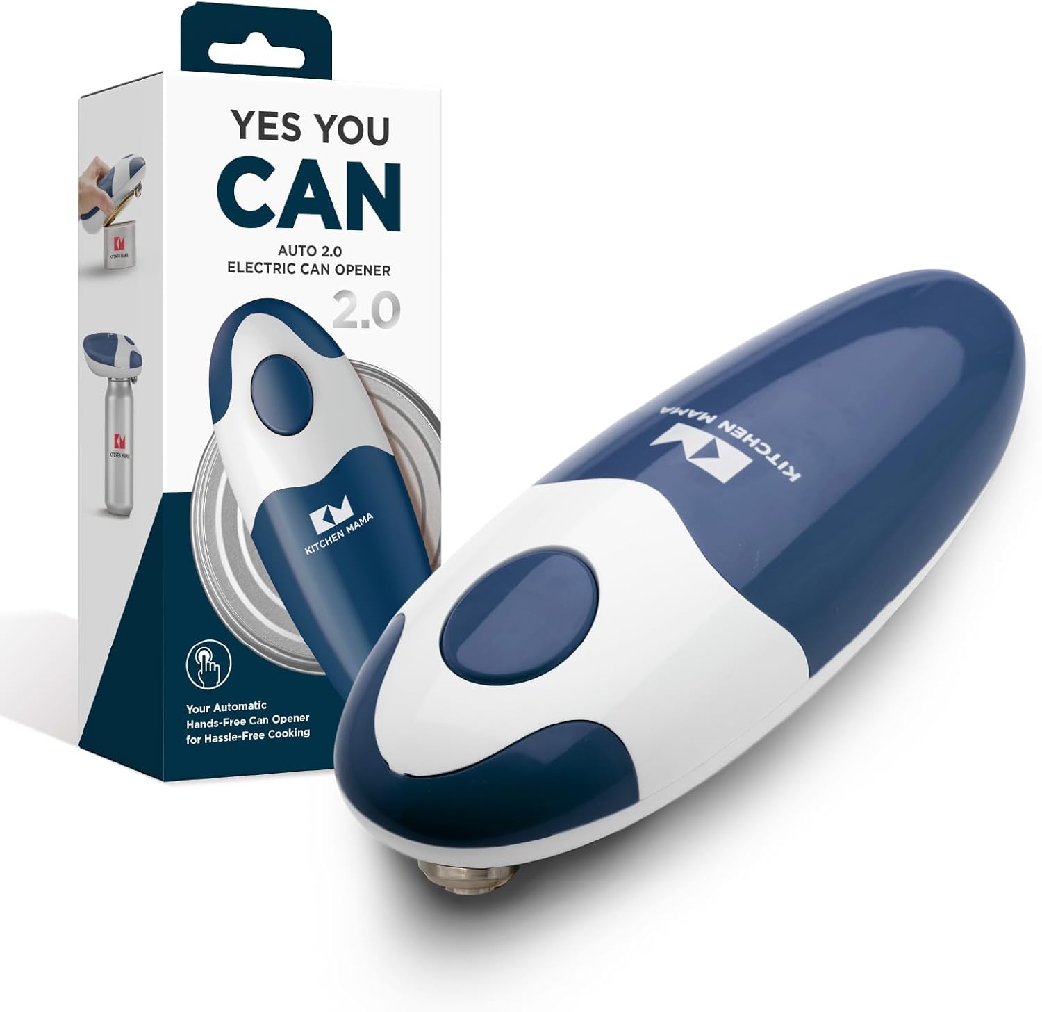 Kitchen Mama Auto 2.0 Electric Can Opener: Blade Opens Almost Any Can Pop or Soda Can – Automatic, Hands Free, Safe, Smooth Edge, Lid Remover, Battery Operated, Cordless, YES YOU CAN (Navy Blue)
