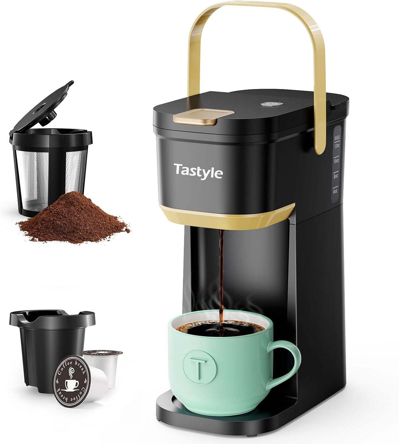 Tastyle Single Serve One Cup Coffee Maker, for K Cups and Grounds, Mini Coffee Maker with Portable Handle, 6 to 12 Oz Brew Size, for Travel, Camping, Office, RV and Dorm, 120V, Black and Gold