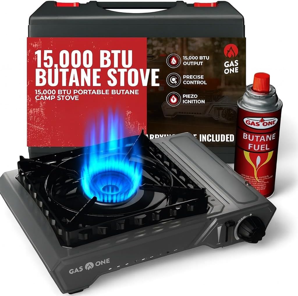 GasOne GS-5900A 15,000 BTU Portable Butane Camping Stove with Heavy Duty Case: Automatic Ignition, High Output, Precise Heat Control – Camping & Tailgating and Outdoor Cooking