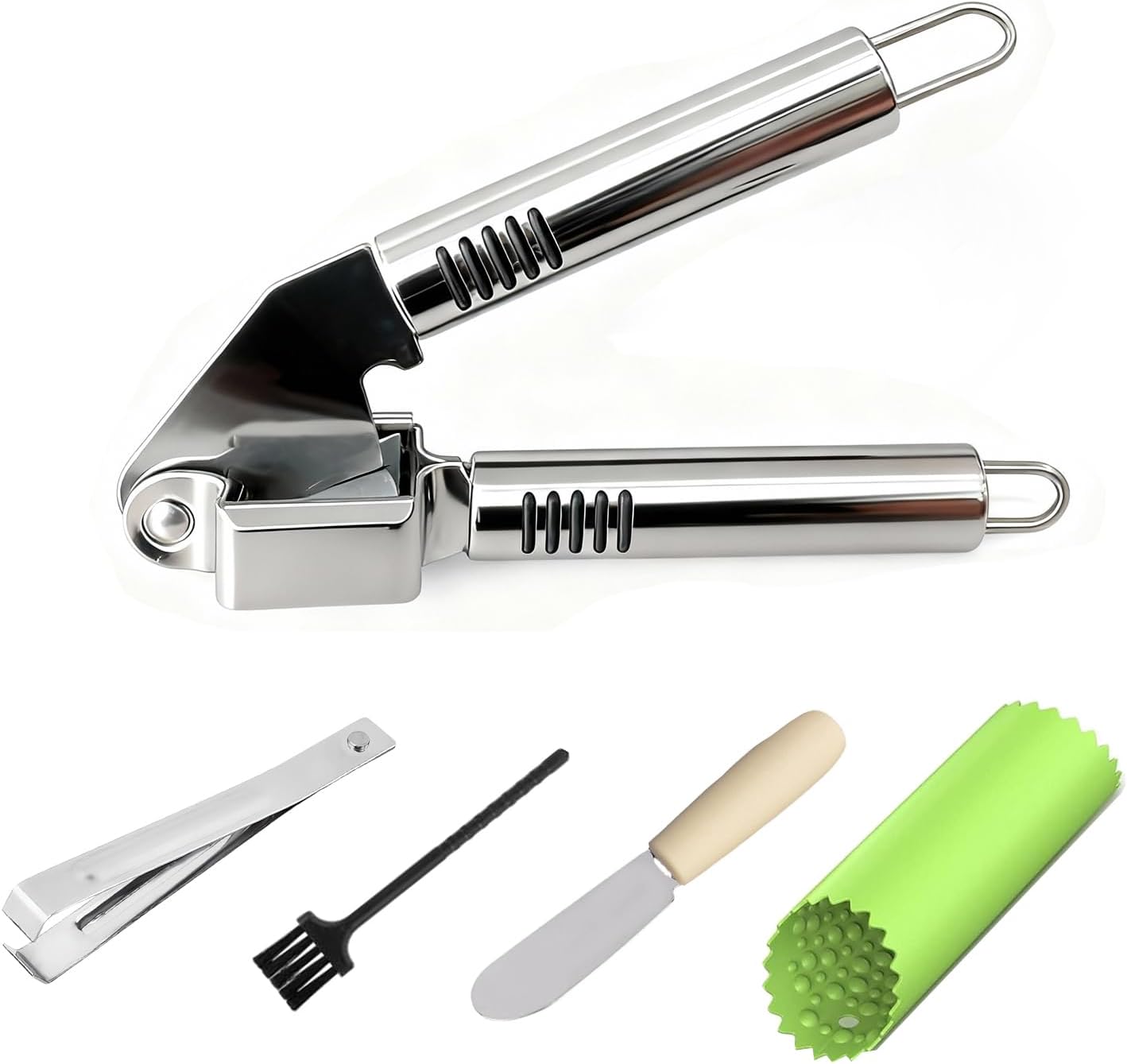 MANJIA Garlic Press and Peel Set Stainless Steel- Rust Proof Garlic Mincer Tool – Easy-Squeeze, Easy-Clean Silicone Garlic Peeler & Brush (Green)