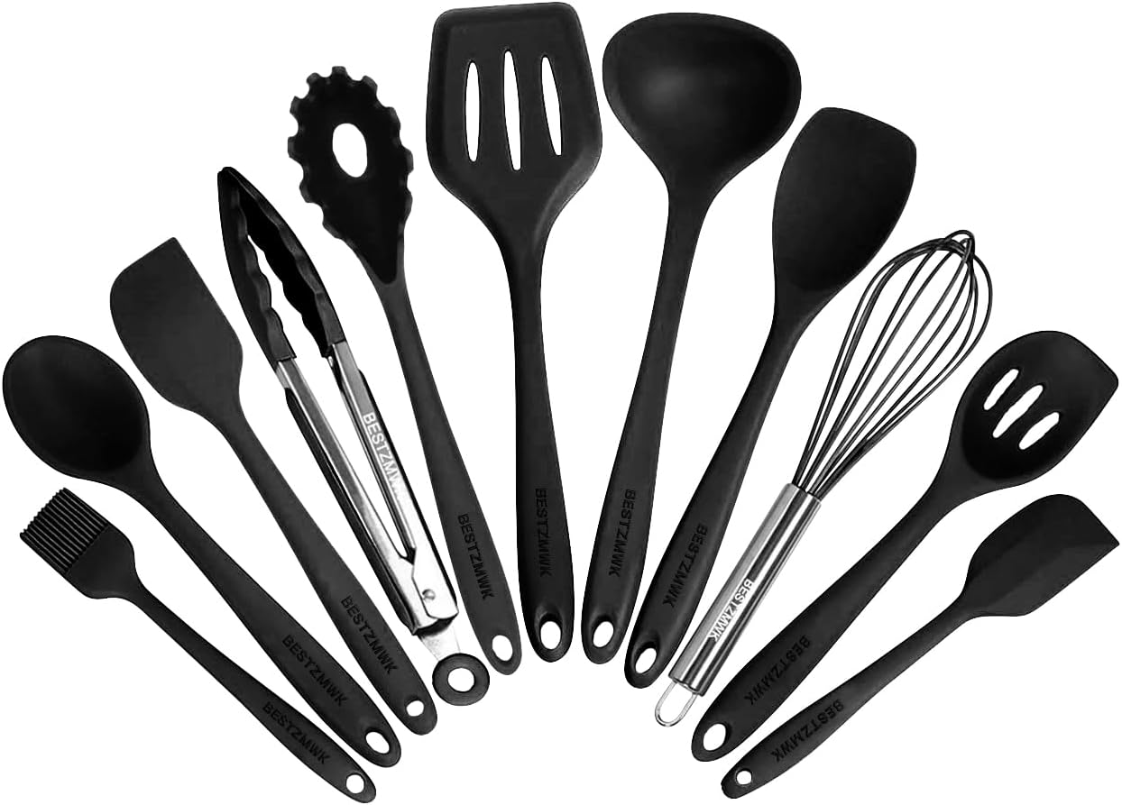 Kitchen Utensil Set – 11 Cooking Utensils – Colorful Silicone Kitchen Utensils – Nonstick Cookware with Spatula Set – Colored Best Kitchen Tools Kitchen Gadgets (Black)