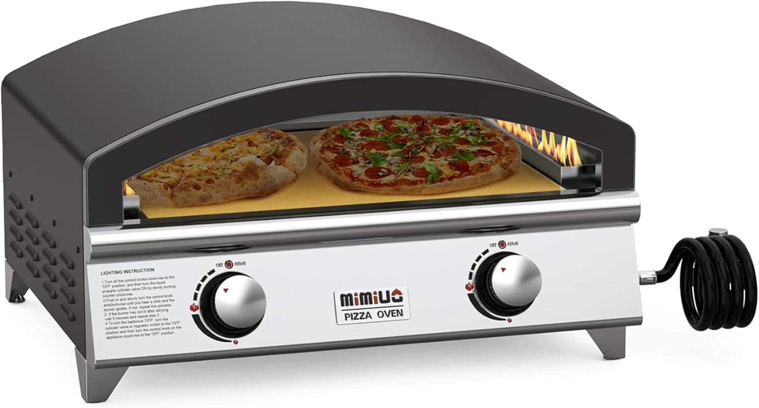 Mimiuo 25 Inch Outdoor Gas Pizza Oven, Portable Propane Pizza Oven with Large Baking Stone – Make 2 Pizzas At Once – Multifunctional Stainless Steel Grilling Stove to Cook Steak Meat Seafood