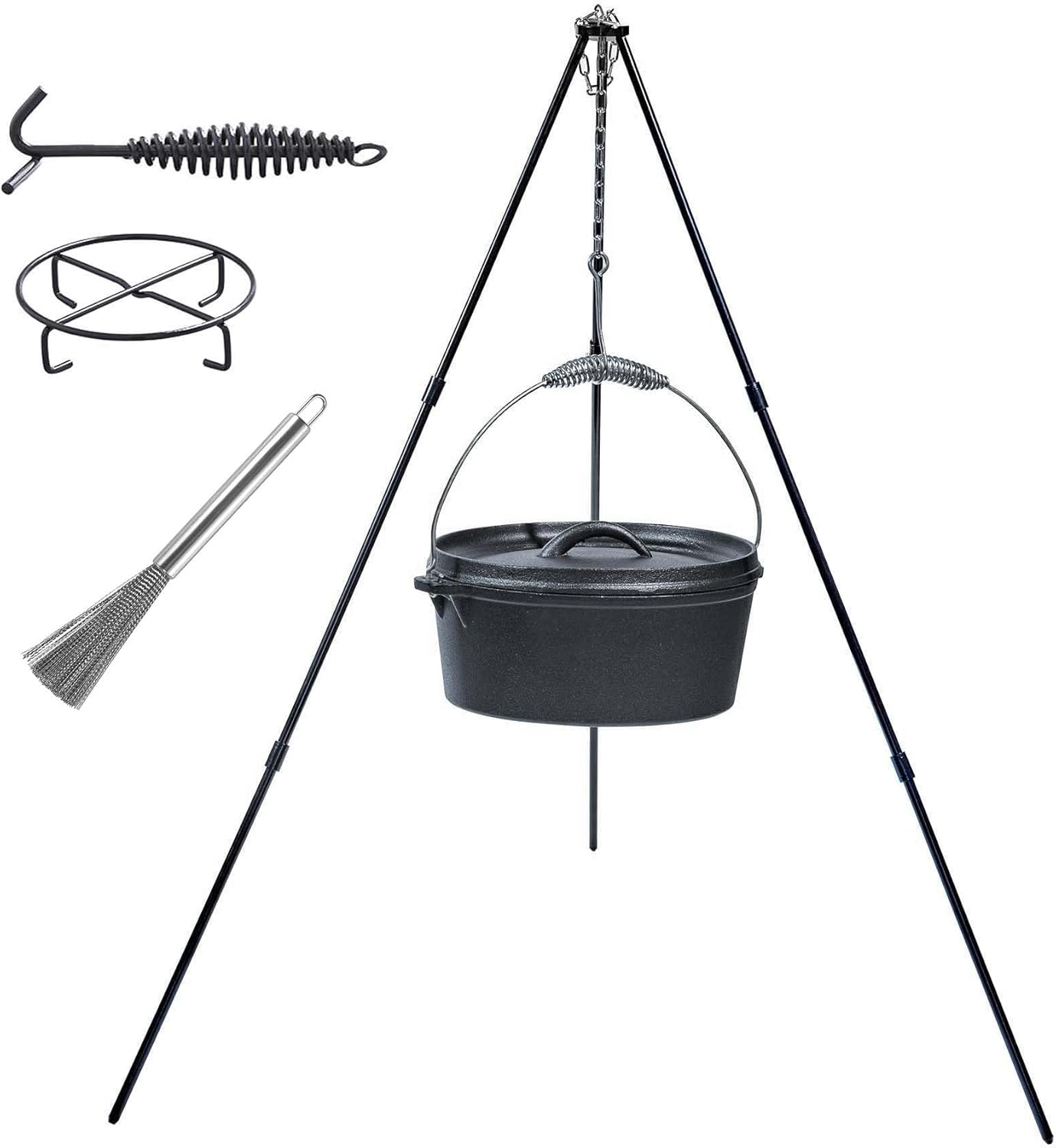 4.5Qt camping dutch oven with lid，cast iron dutch oven，Lifter Handle，Camping Tripod，Cast Iron Camping Cookware, Camping Oven – Campfire Cooking Equipment，With Free Scrubber Brush Stainless Steel Material