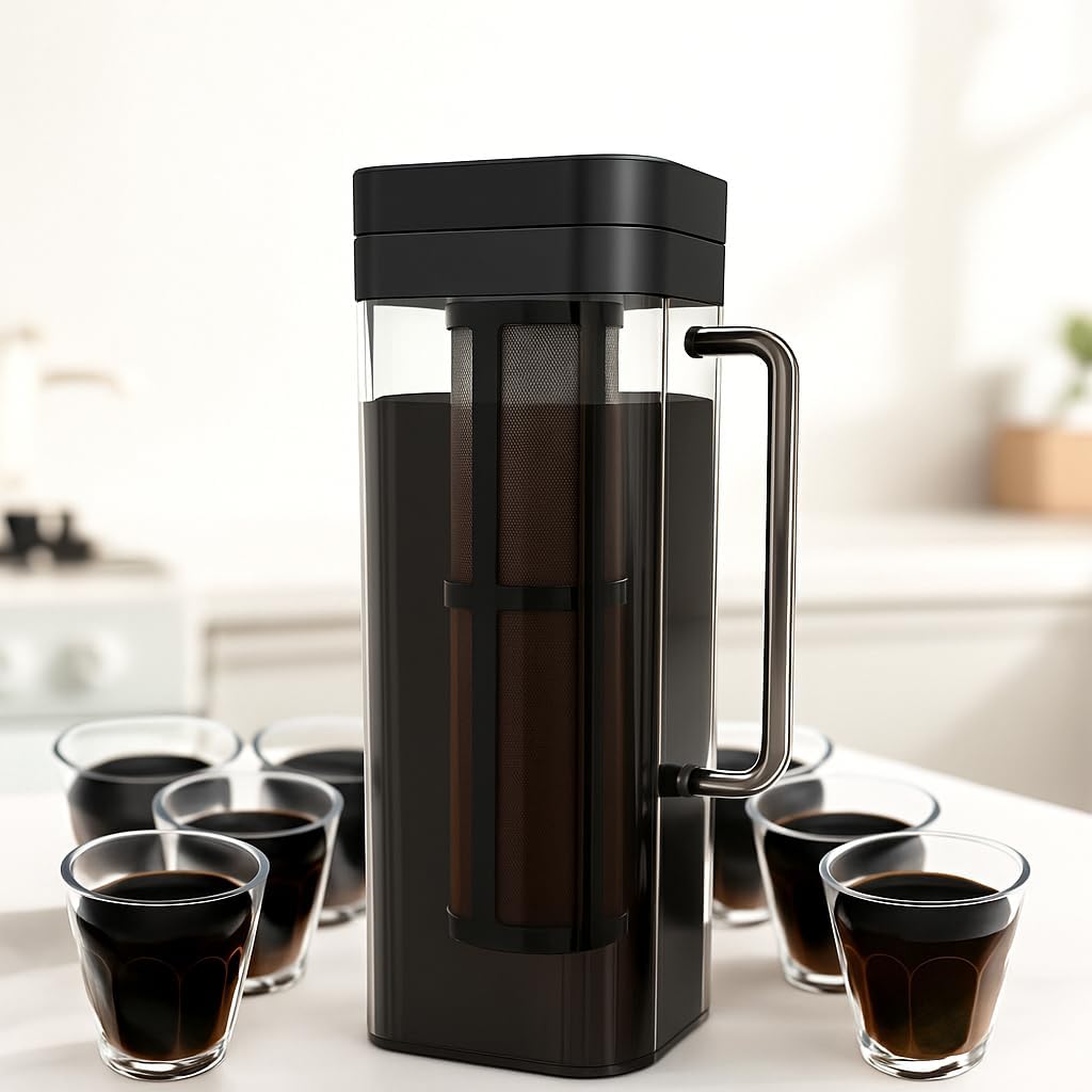 SlimFit 64oz Cold Brew Coffee Maker, Leakproof and fits for fridge door, RV Essentials – BPA-Free Plastic with filter, Large 2L capacity, Iced Tea, Fruit Infused Pitcher, RV Accessory