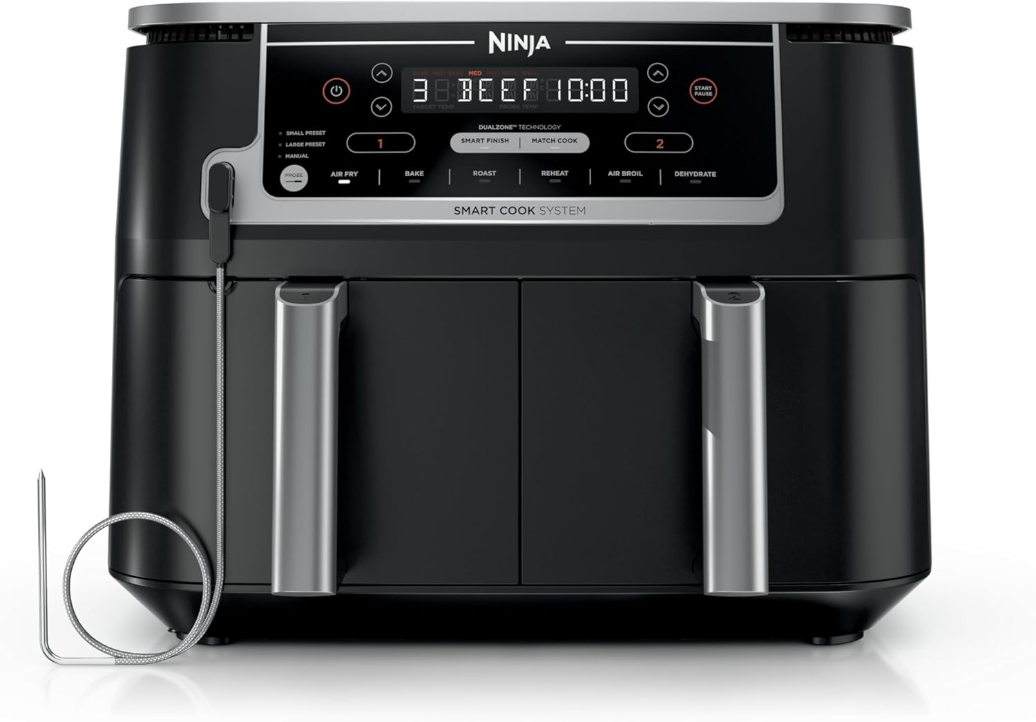 Ninja DZ550 Foodi 10 Quart 6-in-1 DualZone Smart XL Air Fryer with 2 Independent Baskets, Smart Cook Thermometer for Perfect Doneness, Match Cook and Smart Finish to Roast, Dehydrate and More, Black