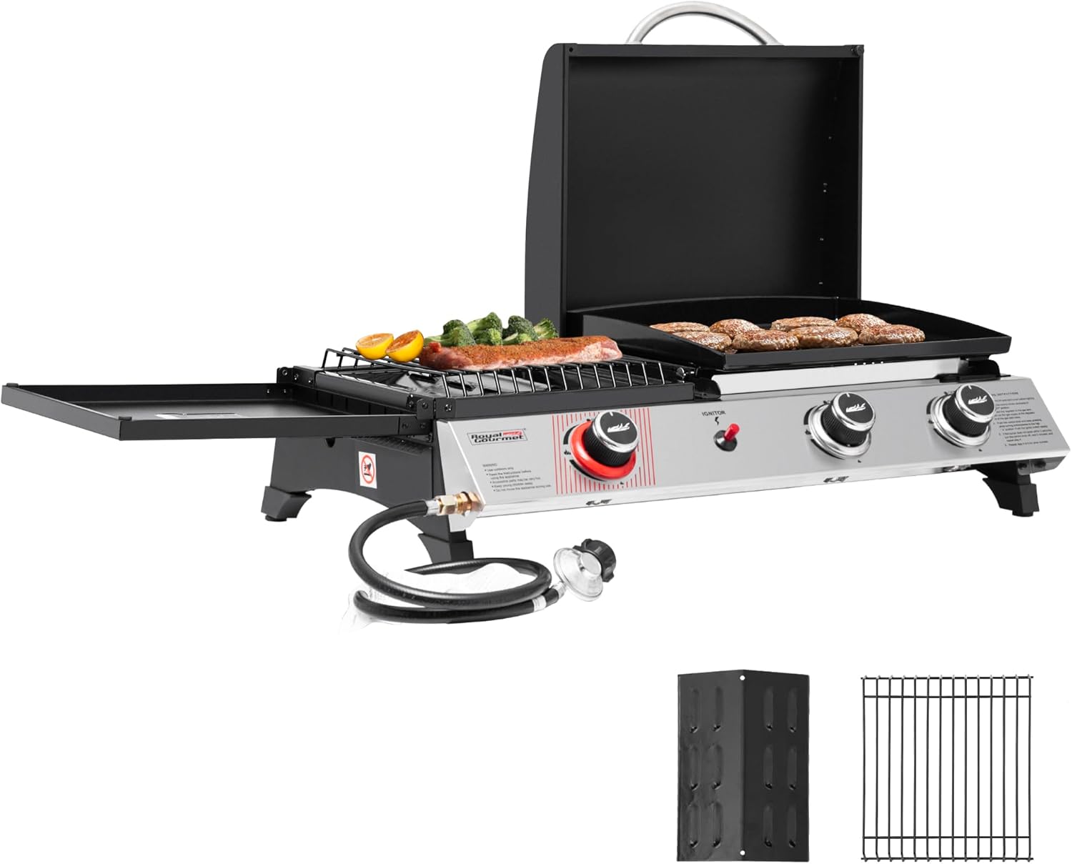Royal Gourmet PD1305H 3 Burner Propane Gas Grill and Griddle Combo with Lid, 3-in-1 Grill Griddle Combo with 29,000 BTUs Output for Outdoor Cooking, 364 Sq. In. Cooking Area, Silver & Black