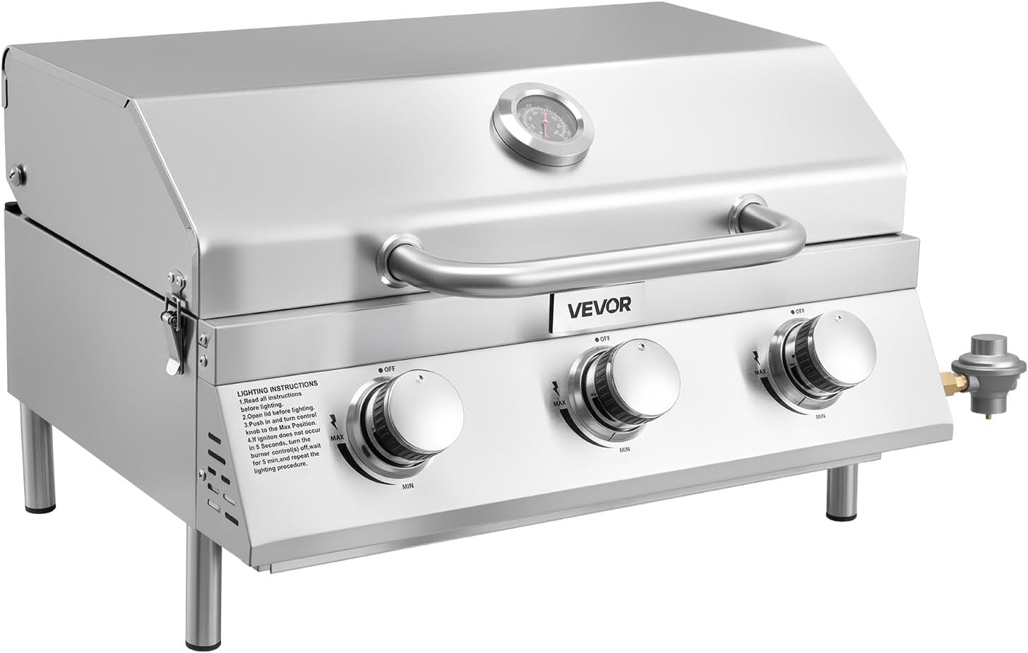 VEVOR Tabletop Gas Grill, 3-Burner Stainless Steel Portable Propane Grill, with Built-in Thermometer, Travel Locks, Weatherproof Lid, 22,500 BTU Total, for Outdoor Cooking, Patio, Party, Camping, RV