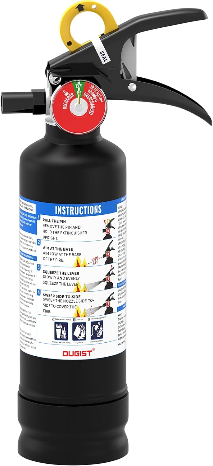 Ougist ABC Dry Powder Fire Extinguisher 2.5 lb 1‑A:10‑B:C Rated with Quick‑Release Handle for Home Kitchen Vehicle Safety Model FF1KG