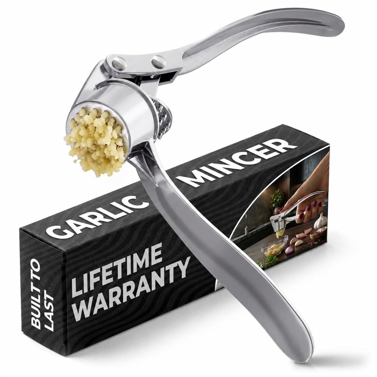 Metal Garlic Press – Ginger Mincer with 37 Built-In Studs for Maximum Extraction, Garlic Crusher for Ginger and Soft Nuts, Rust-Resistant, Ergonomic Handle, No Peel Needed, Hand Wash Only, Silver
