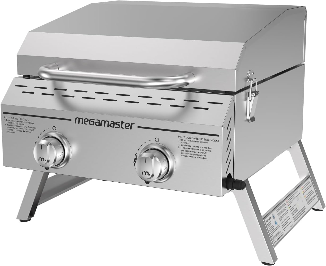Megamaster 2-Burner Stainless Steel Portable Gas Grill with Built-In Lid, 16,000 BTUs, Foldable Legs, Small Propane Grill for Outdoor Cooking, Camping, Tailgating, Patios, and More – 820-0033M