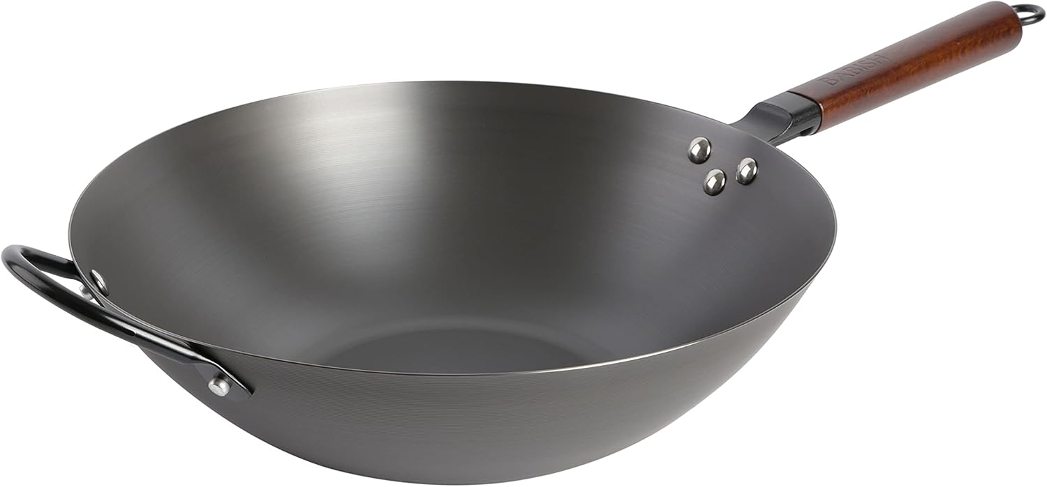 Babish Carbon Steel Wok 14 Inch Flat Bottom Stir Fry Pan Durable Heavy Duty Cookware for High Heat Cooking Stir Fry Sautéing Frying Compatible with Gas Electric and Induction Stovetops