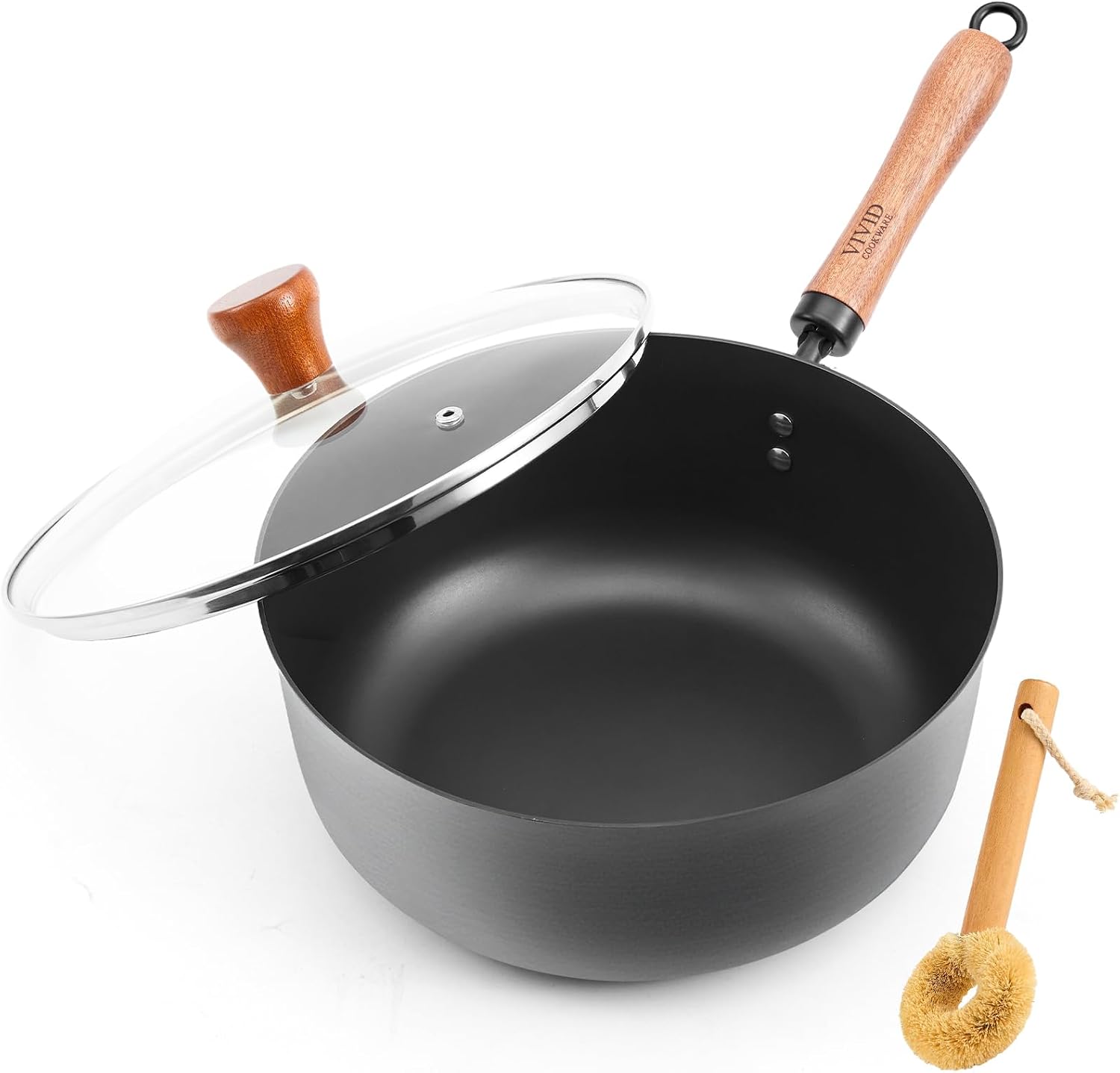 Carbon Steel Wok Pan with Lid, 9.8 Inch 4 Qt Deep Wok, Flat Bottom Nitrided Carbon Steel Pan with Wooden Handle for Stir Fry, Soup, Braising & Noodles, Gas, Electric, Ceramic & Induction