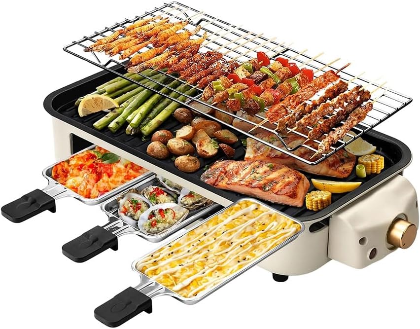 OVENTE 2-in-1 Electric Indoor Grill, 1500W Smokeless Korean BBQ Griddle with Non-Stick Removable Cooking Plate, 3 Raclette Cheese Pans, Adjustable Temperature Control, Dishwasher Safe, Beige BQR1502B