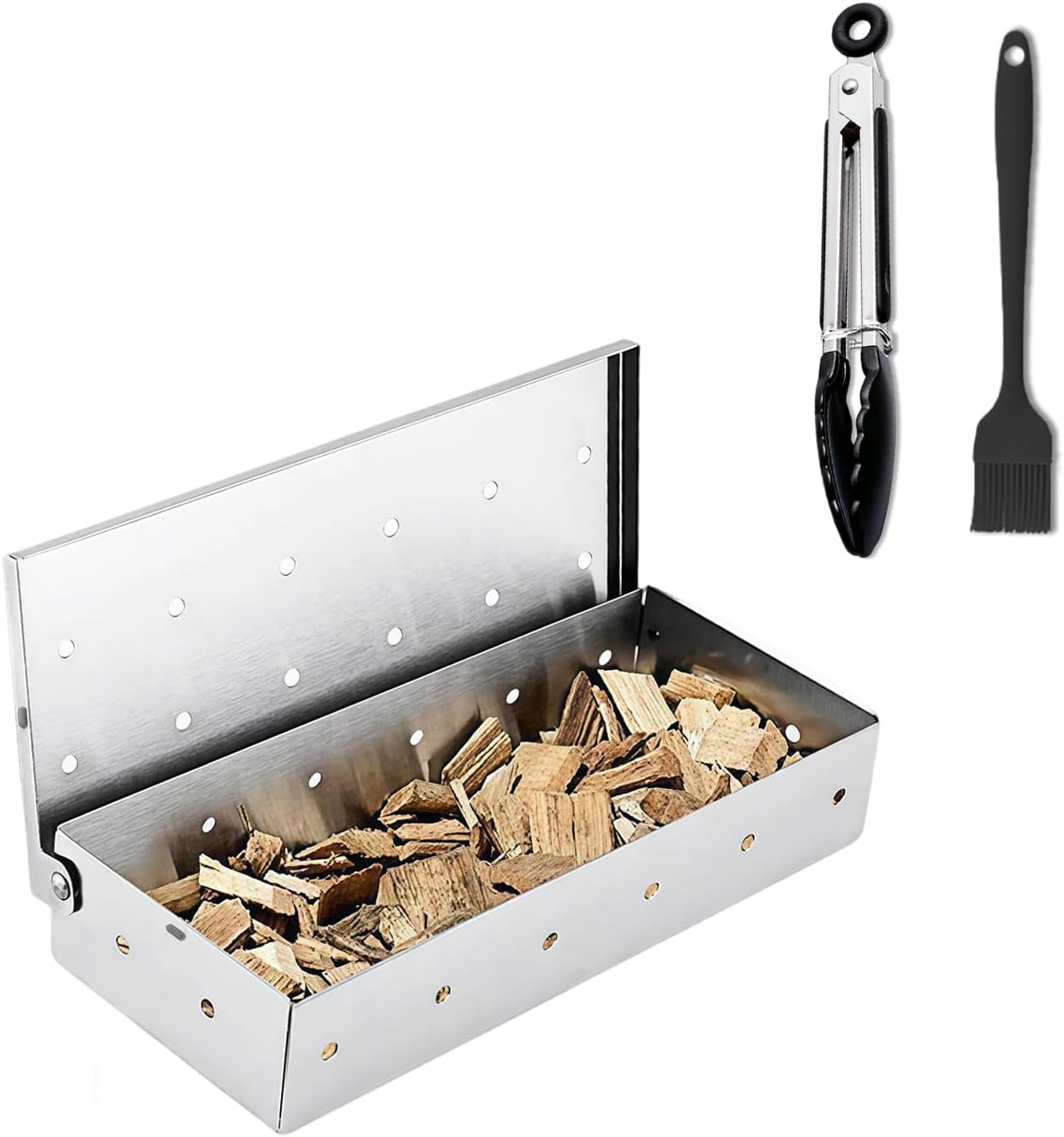 Stainless Steel Smoker Box for Gas Grill – Hinged Wood Chip Box with Clip & Brush for Gas, Charcoal, Pellet Grills, Adds Smoke Flavor to Meat, Fish & Veggies BBQ
