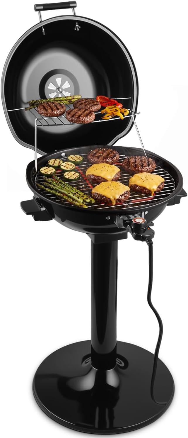 Electric Grill Outdoor, CUSIMAX Electric BBQ Grill, 1600W Portable BBQ with Lid for Cookouts, BBQ Gatherings, Small Spaces, Adjustable Heat, Removable Stand Grill, Oil Collector