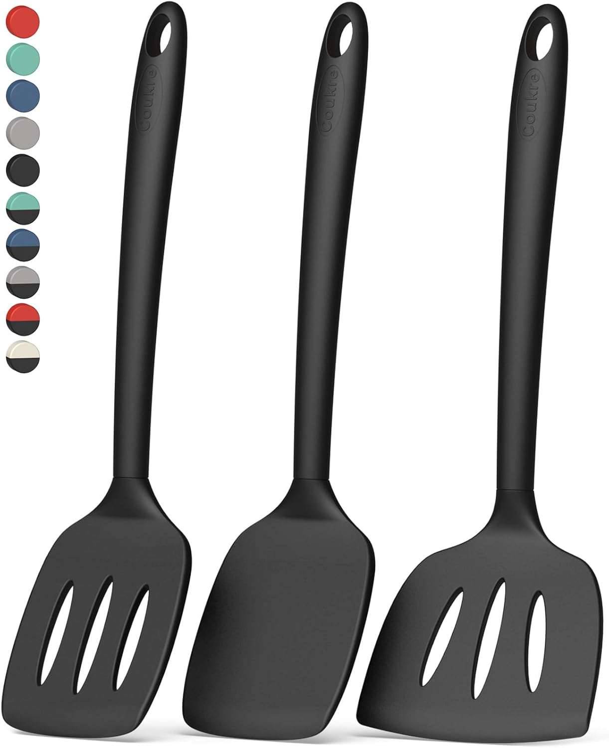 Coukre 3 Pack Silicone Spatula Set, High Heat Resistant, BPA-Free, Fish Spatula, Solid & Slotted Turner for Non-Stick Pans, Flipping Eggs, Pancakes, Fish, Burgers (3, PureBlack)