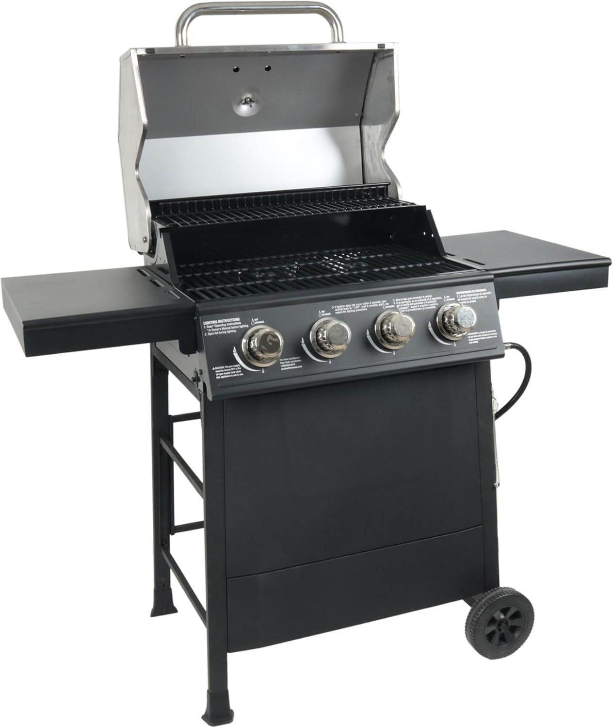 Grill Boss 4-Burner Outdoor Propane Gas Grill with Side Shelves, Stainless Steel Lid, Push Ignition, Warming Rack, Wheels, Black
