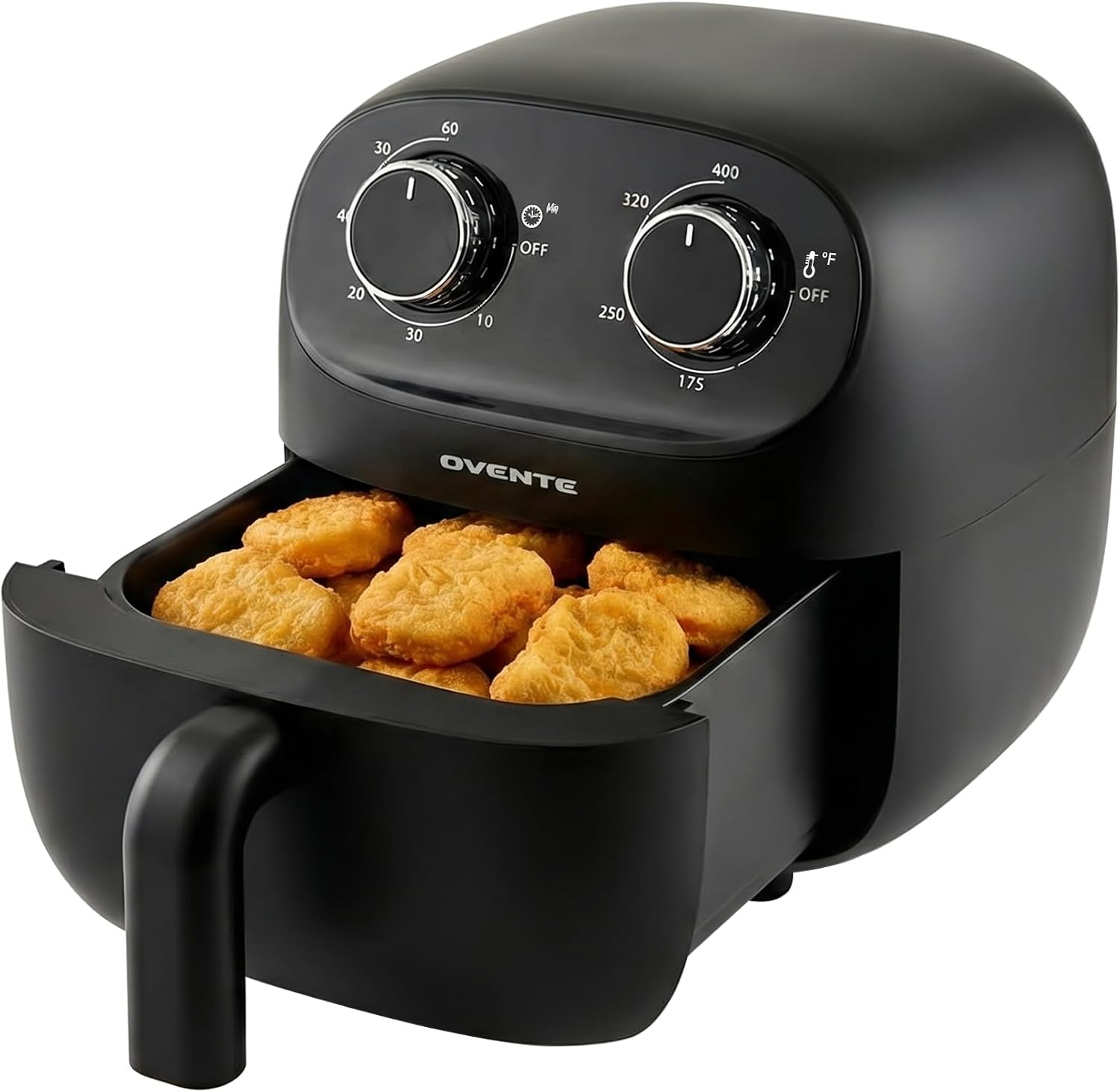 OVENTE 2QT Compact Air Fryer for 1–2 People, 900W Small Oil-Free Fryer with Manual Dual Knobs, Adjustable Temperature, 60 Minute Timer, Auto Shutoff & Dishwasher Safe Nonstick Basket, Black FAM18900B