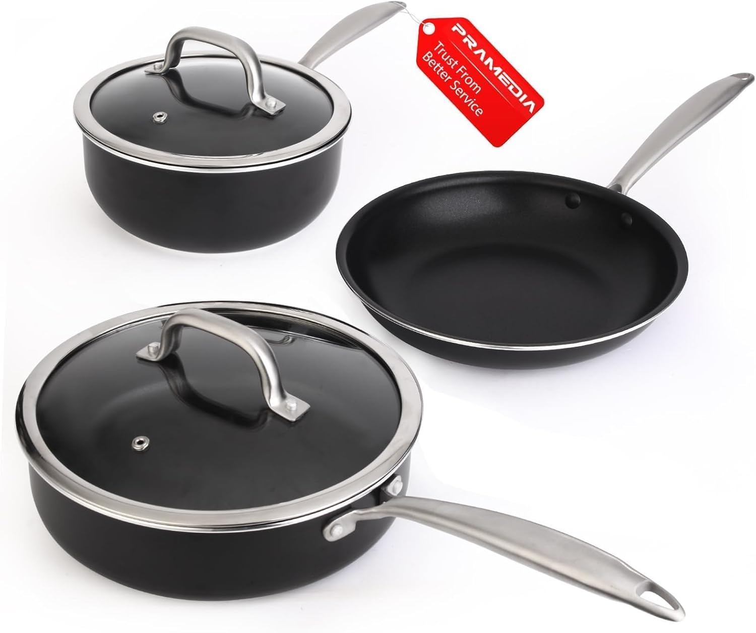 Pots and Pans Set Nonstick, 5-Piece Ceramic Cookware Set, Stainless Steel Handles, Induction Compatible & Oven Safe, Non Toxic Healthy Cooking Set for RV & Apartments, Matte Black