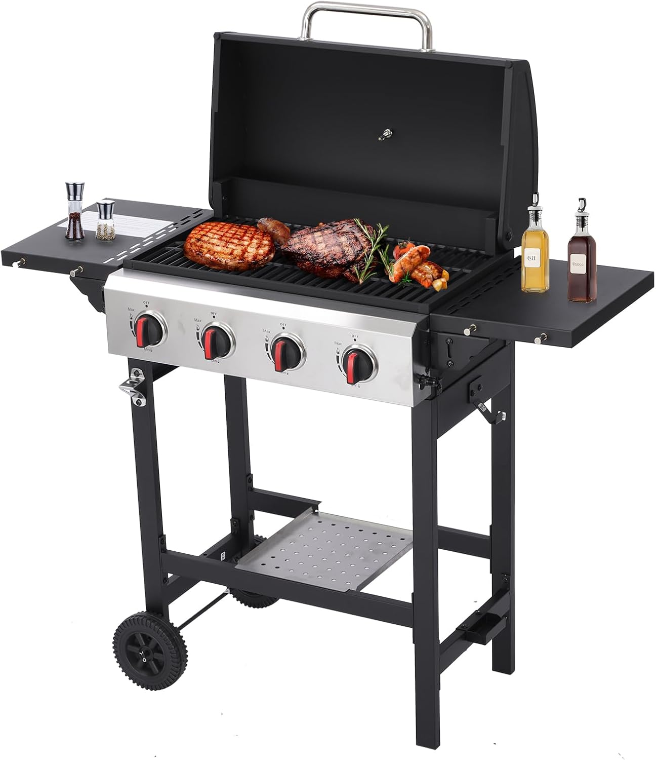 CIG GARDEN 4-Burner Propane Gas Grill, 42,000 BTU Outdoor BBQ with Cast Iron Grates & Side Burner – Backyard, Patio, Camping Grill