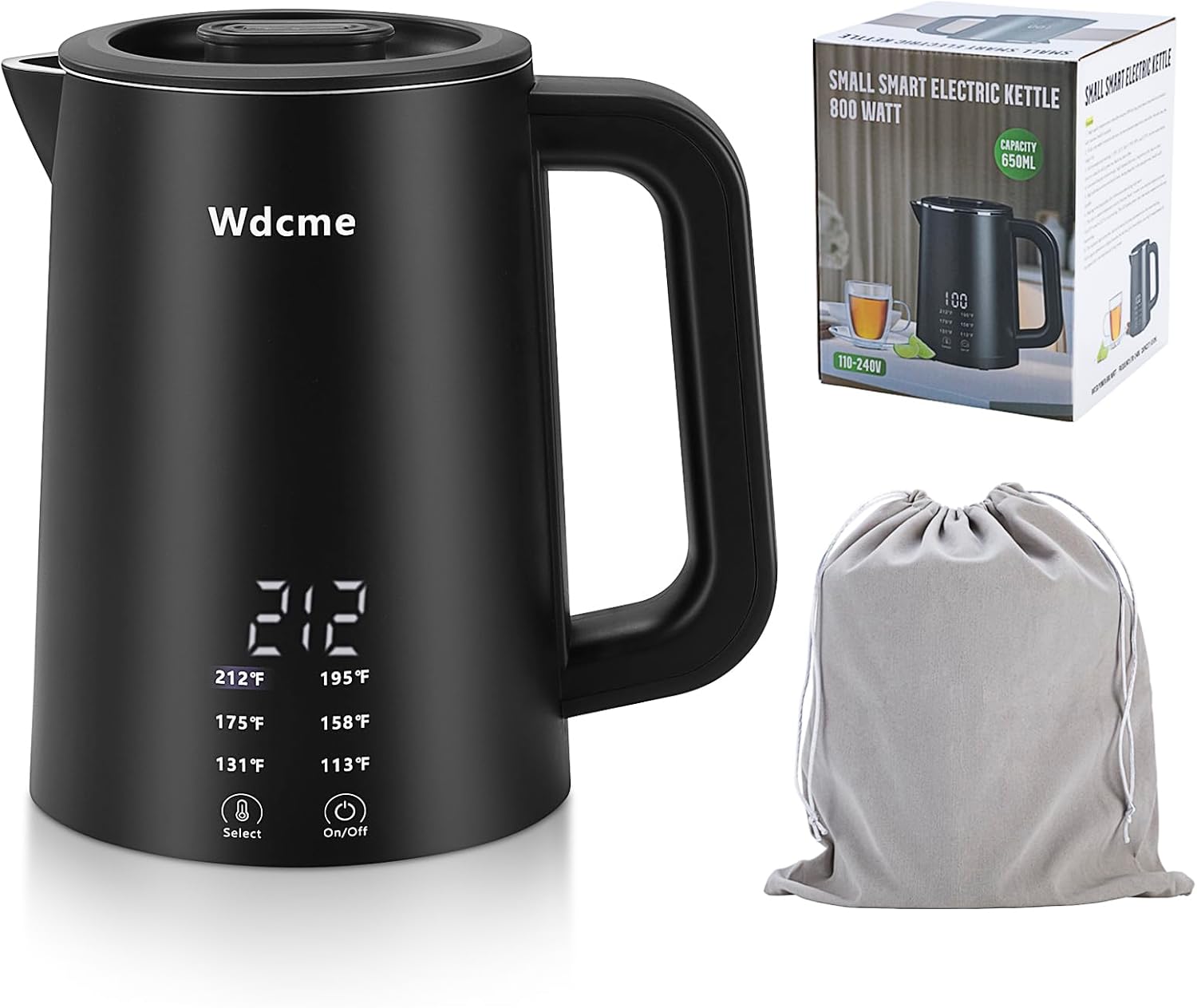 0.6L Small Travel Electric Kettle 800W,6 Temperature Control Dual Voltage 110-240V Smart Tea Coffee Kettle,12H Keep Warm,304 Stainless Steel Portable Hot Water Boiler (Black)