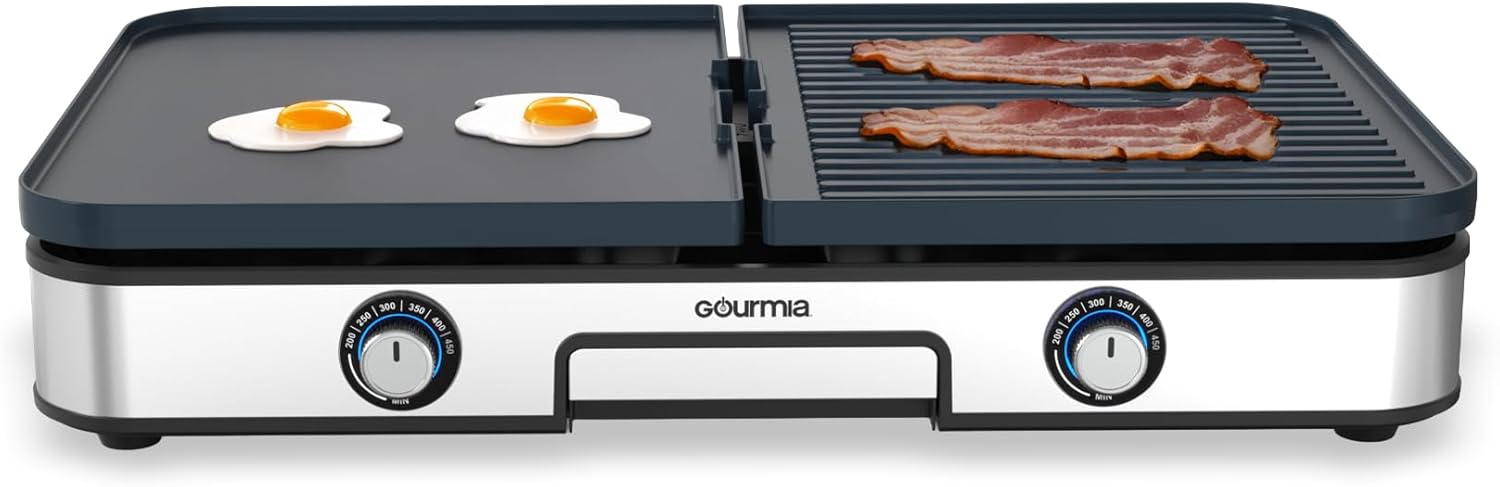 Gourmia 3-in-1 Indoor Grill & Griddle Electric Combo – Dual Independent Cooking Zones, Reversible Nonstick Ceramic Plates, XL Cooking Surface, 250–400°F Adjustable Temp, Dishwasher Safe