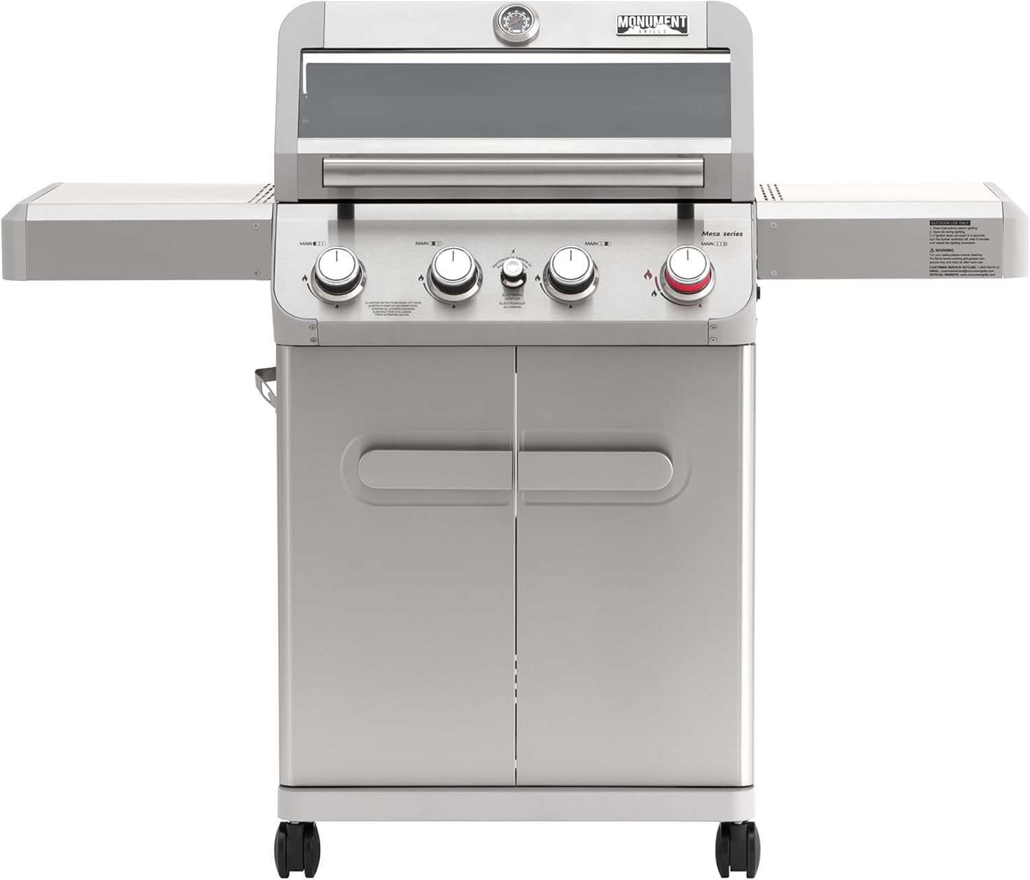 Monument Grills 4 Burner Propane Gas Grill, Stainless Steel Outdoor Patio Barbecue Grill, with Broil Zone Fast Heating, Knob Control, and Easy Cleanup, M410MBZ
