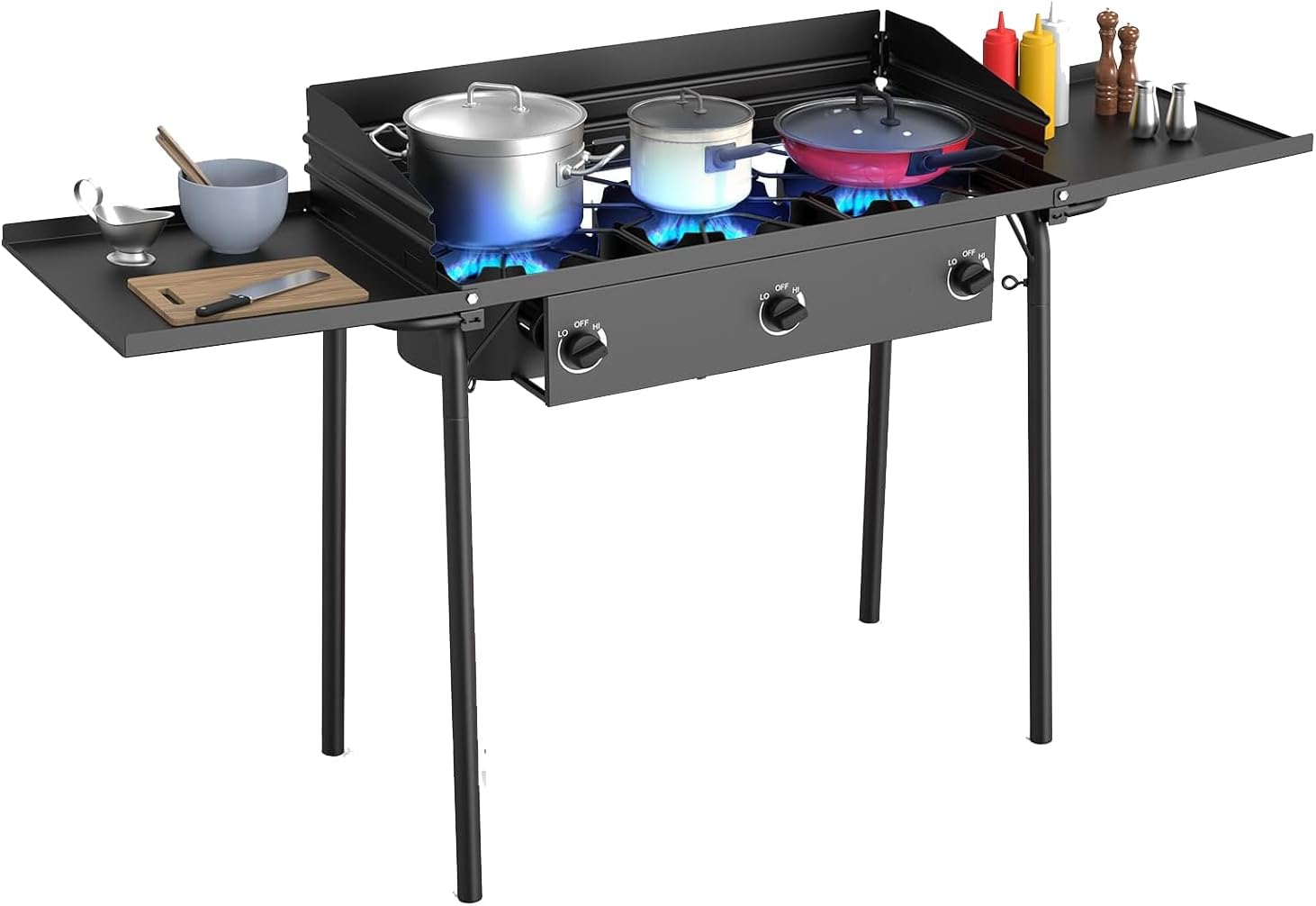 225,000 BTU High Pressure Propane Stove, 3-Burner Outdoor Gas Cooker with Hose & Regulator, Portable Patio Burner with Windscreen & Removable Legs for Backyard Cooking, Seafood Boil, Camping