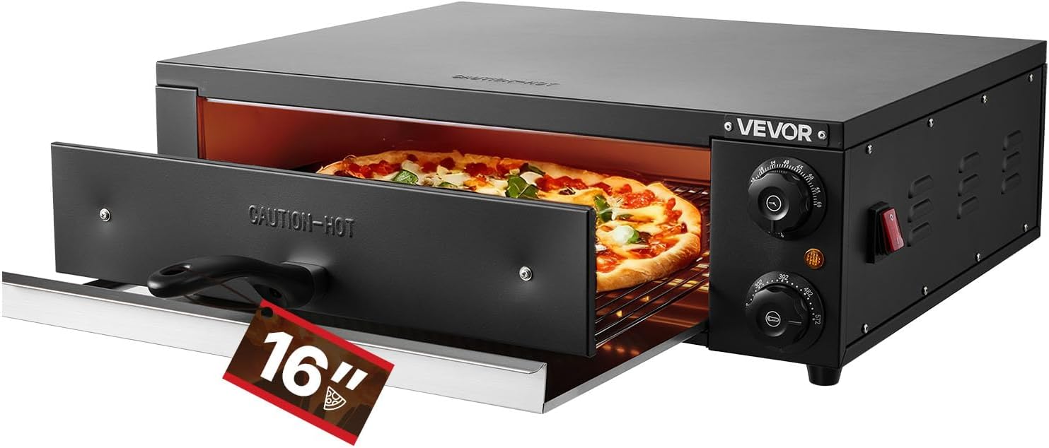 VEVOR Electric Pizza Oven, 16 in Countertop Pizza Oven, 77 to 572°F Temp Range, 1750W Indoor Pizzas Maker w/Timing & Temp Control, Pizzas Cooker w/Dual Heat Tube, Grill Rack, for Kitchen & Commercial
