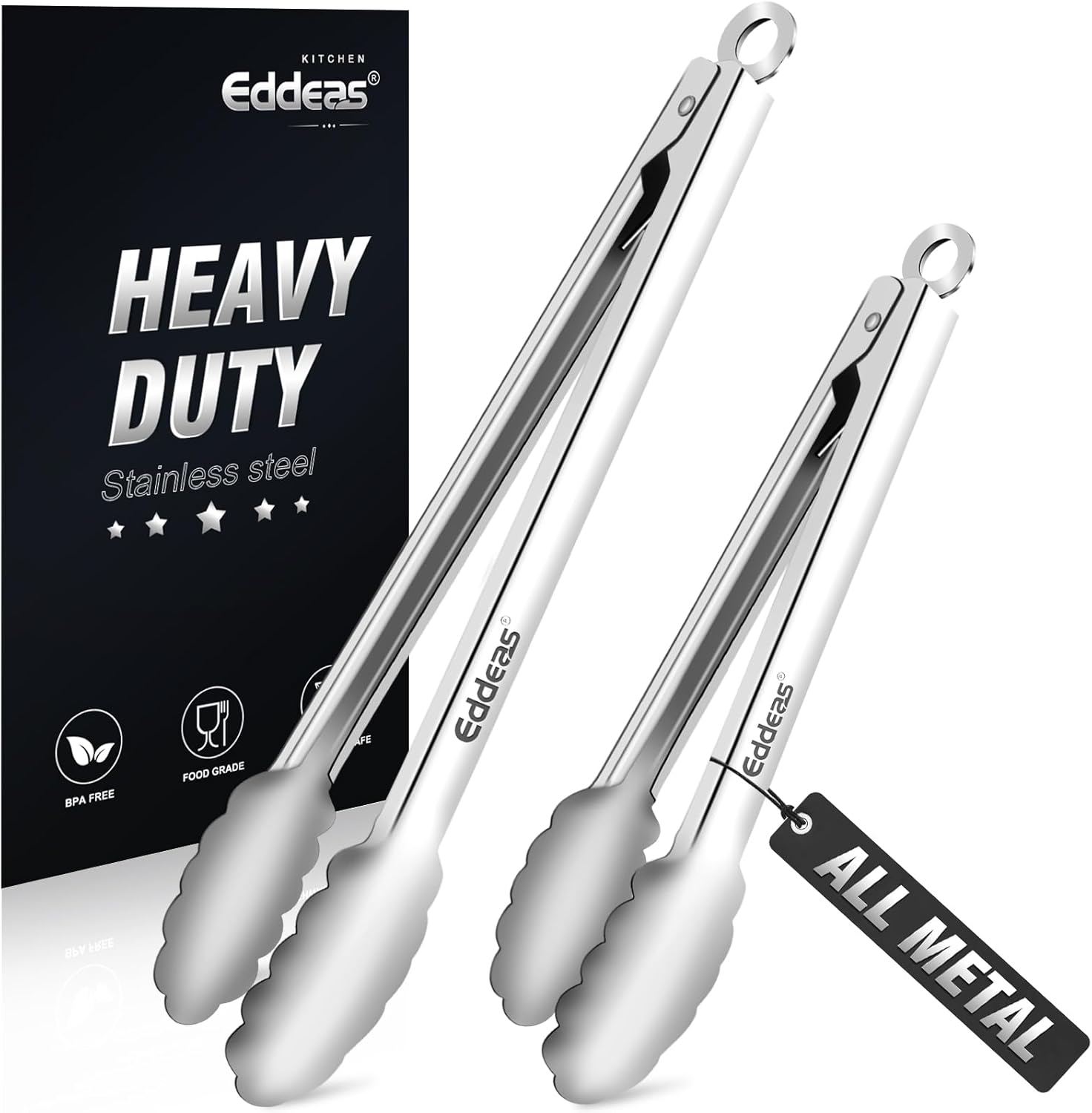 Eddeas All Metal Tongs For Cooking – Heat Resistant 600 Degrees Stainless Steel Kitchen Tongs, Set of 2-9″ & 12 inch, Locking Tongs, For Food,Salad, BBQ, Grilling, Dishwasher safe