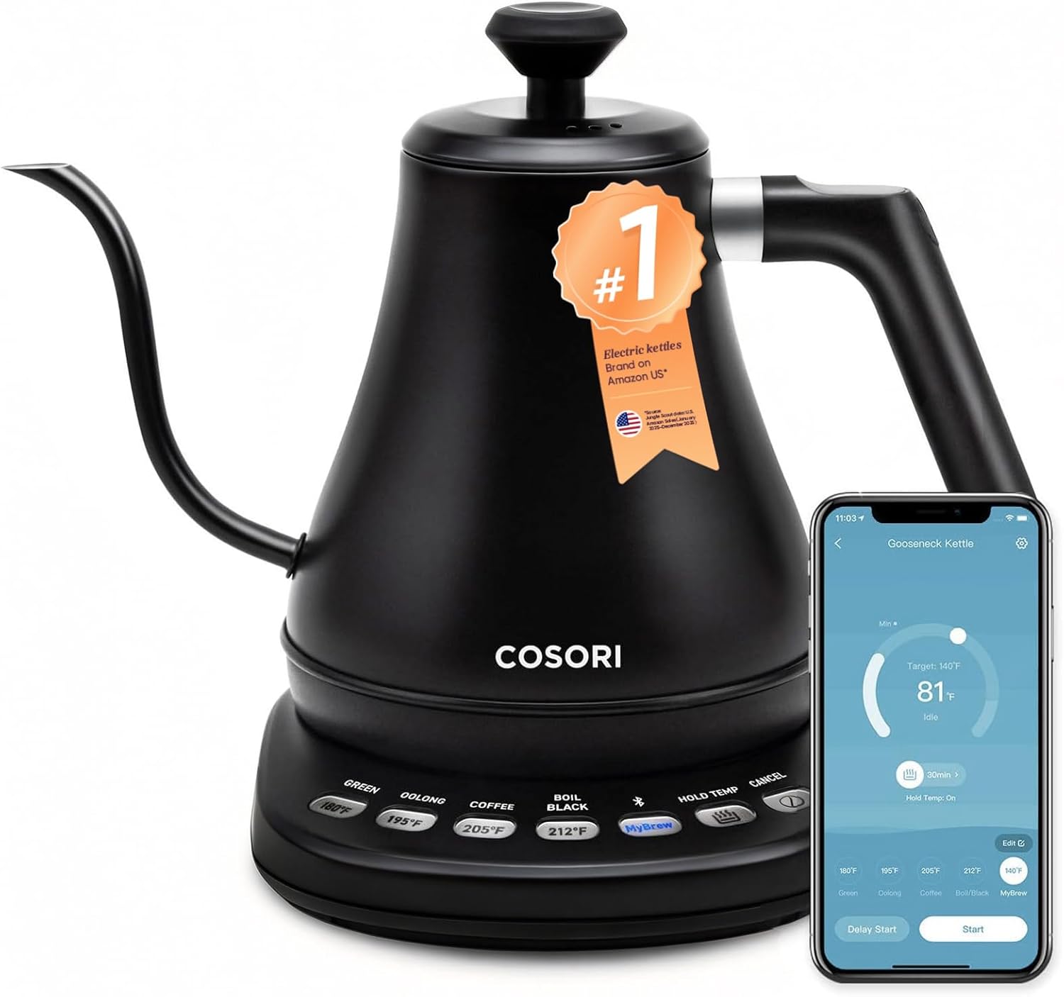 Cosori Electric Gooseneck Kettle Smart Bluetooth with Variable Temperature Control, Pour Over Coffee & Tea, 100% Stainless Steel Inner Lid & Bottom, Quick Heating, Matte Black
