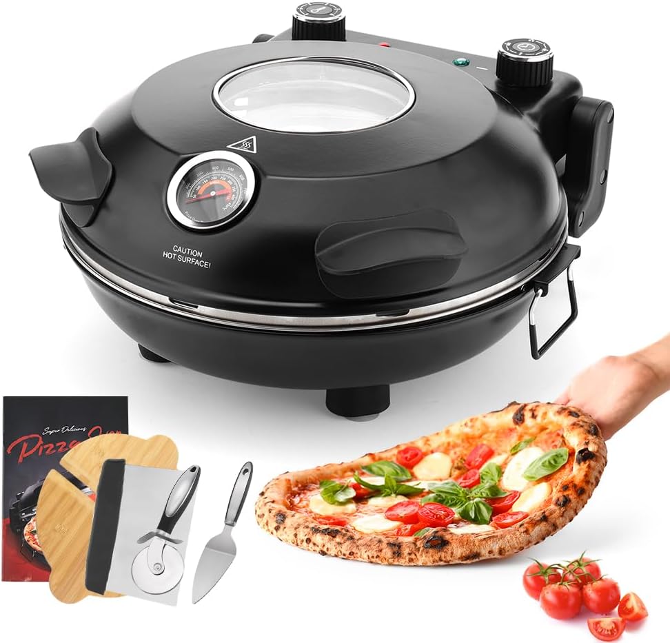 Electric-Pizza-Oven-Indoor, 12 Inches Countertop Cooker,800℉ Electric Pizza Maker with Timer, Ceramic Stone, Viewing Window, Complete Accessory Kit, Black