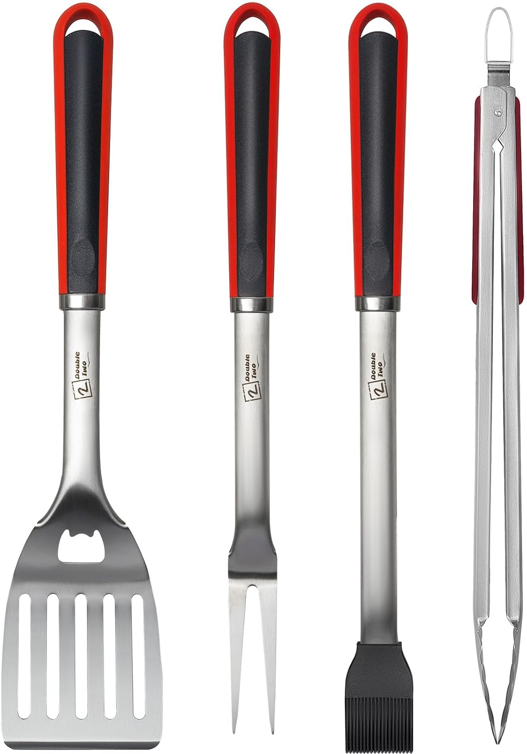 Double Two 4-Piece Stainless Steel BBQ Tool Set – Tong, Fork, Spatula, Brush – Utensils for Grill – Tools for Outdoor Grilling- BBQ Kits