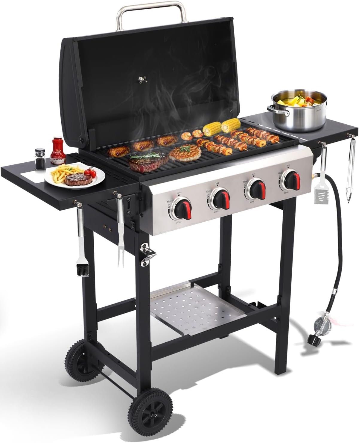 4 Burner Propane Gas Grill, Portable BBQ Grill with Cast Iron Grate & Griddle Pan, Folding Side Table for Camping Backyard, 40000 BTU Easy-Clean Outdoor Cooking