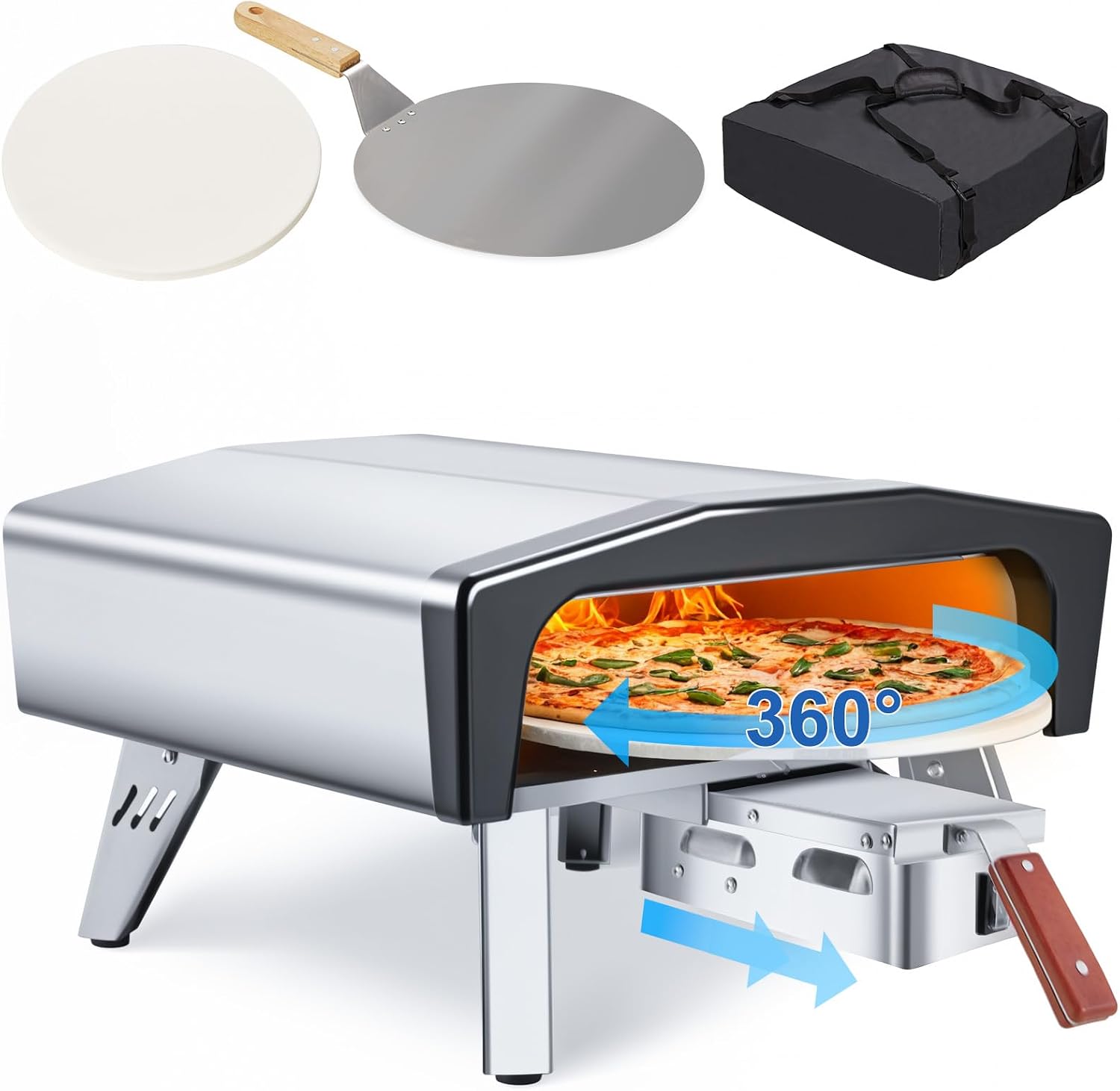 MELLCOM 20 Inch Portable Propane Stainless Steel Outdoor Pizza Oven with Pull Out Handle and 360° Automatic Rotating Pizza Stone