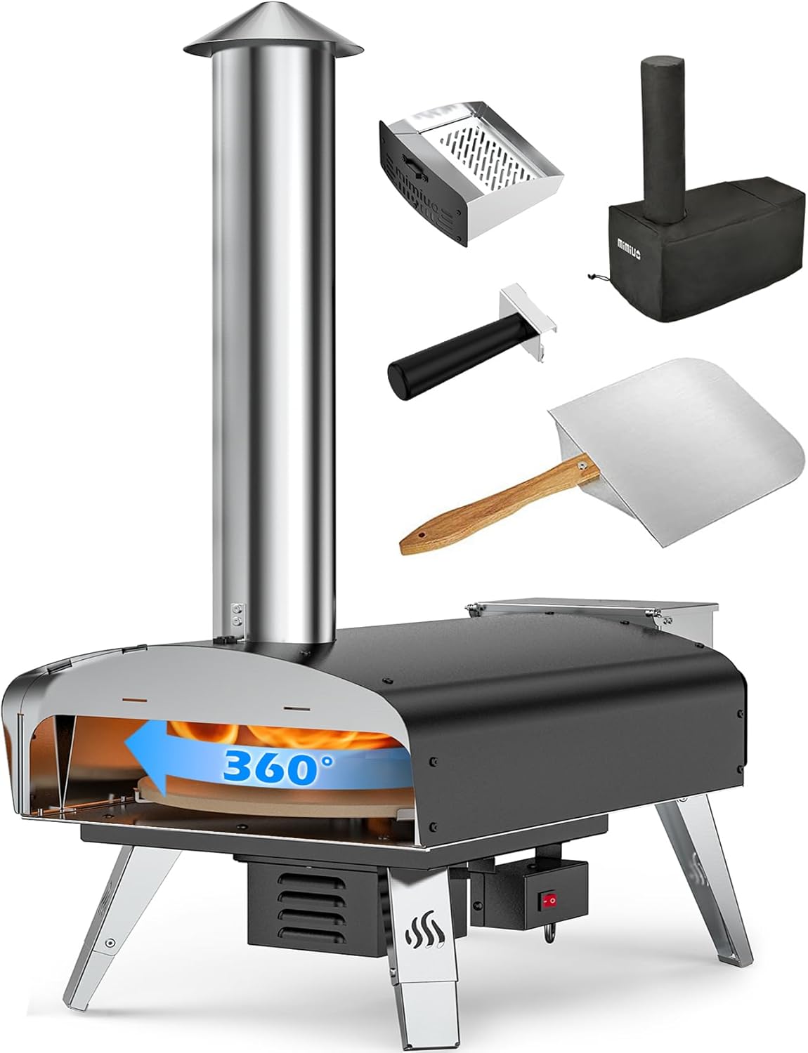 Mimiuo Outdoor Pizza Oven Wood Pellet Fired Pizza Stove with Automatic Rotating Stone, Heavy Duty Pizza Stove for Backyard Camping, Bakes Pizza in 60 Seconds, Includes Pizza Stone, Peel & Cover